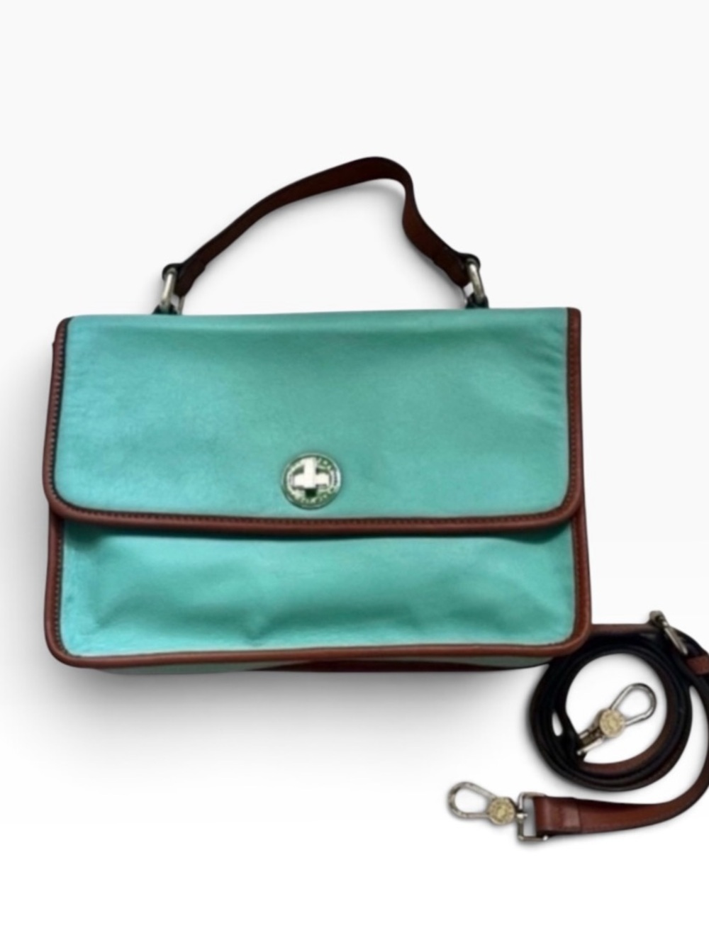 NEW Isaac Mizrahi Live! Aqua Blue w/Brown Trim Leather Crossbody Shoulder Bag